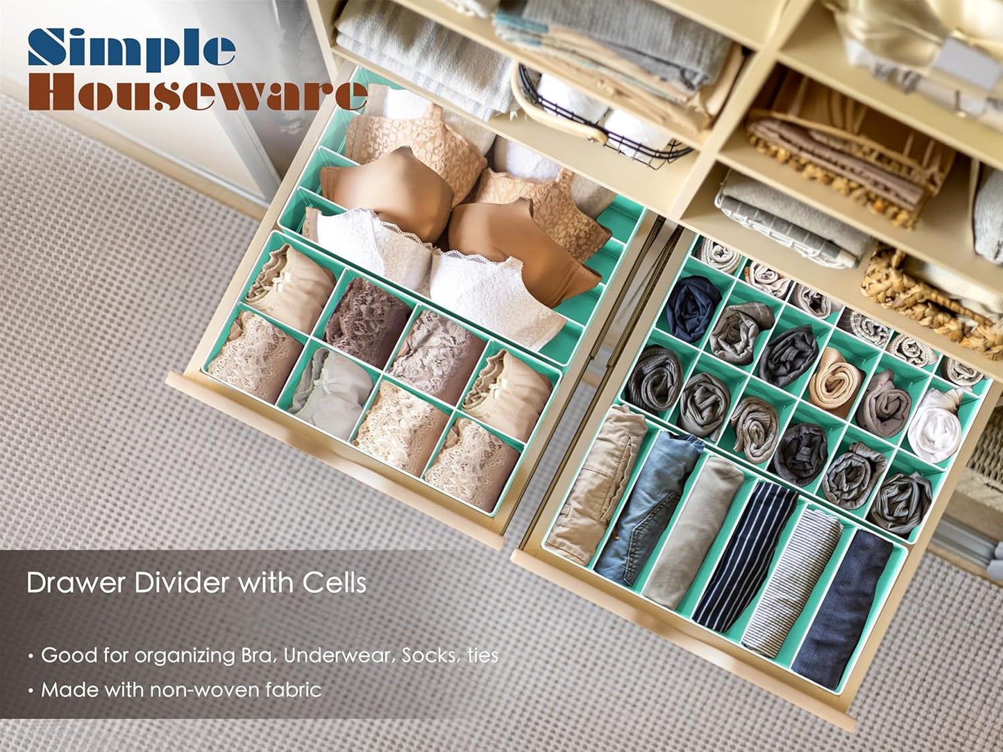 Simple Houseware 4-Pack Drawer Organizer Set - Closet Dividers for Underwear, Socks, Bras, Scarves, Ties - Foldable Non-Woven Storage Boxes, Turquoise