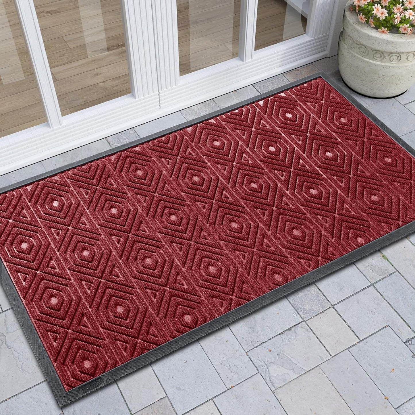 Yimobra Door Mat, Outdoor Indoor Entrance Welcome Mat, Heavy Entry Front Door Mat, Stain & Fade Resistant, Low Profile, Sturdy Rubber, Easy Clean Patio Floor Mat, Waterproof, 47 x 24, Wine Red