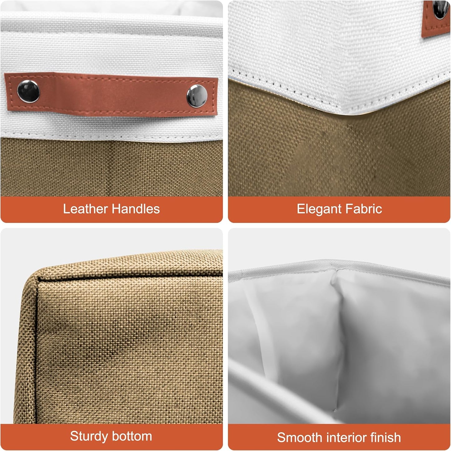 11in Open Fabric Storage Basket with Leather Handles for Organizing, Collapsible Linen Closet Bins for Shelves, Closets, Laundry, Decorative Basket for Gifts. (White＆Brown, 2PCS/11x11in)