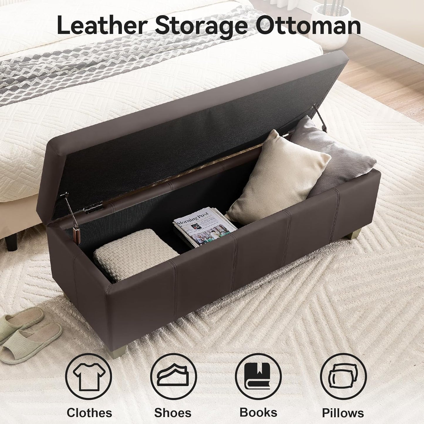 41" Faux Leather Storage Ottoman, Stitch Tufted Rectangle Upholstered End of Bed Storage Bench, Entryway Large Couch Ottoman with Wooden Legs,Brown