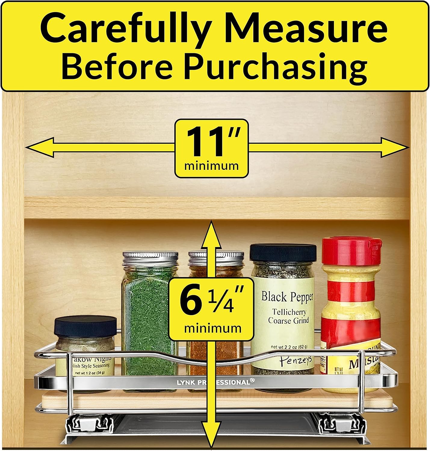 LYNK PROFESSIONAL® Élite™ Pull Out Spice Rack Organizer for Inside Kitchen Cabinets - 10-1/4 inch Wide - Slide Out Drawer – Wood/Chrome Sliding Spice Cabinet Organization Shelf Racks - 1 Tier