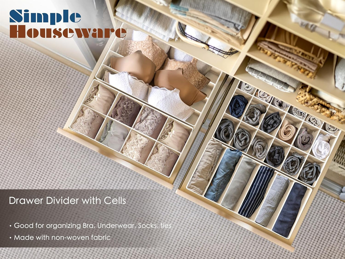 Simple Houseware 4-Pack Drawer Organizer Set - Closet Dividers for Underwear, Socks, Bras, Scarves, Ties - Foldable Non-Woven Storage Boxes, Beige