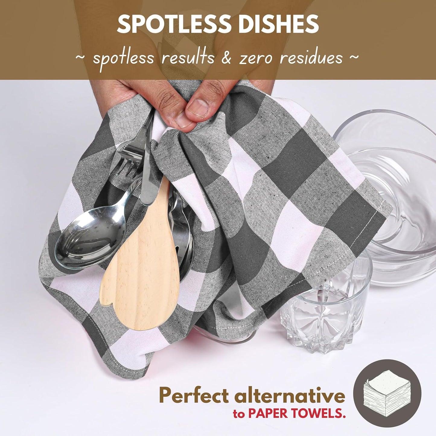 Native Fab 4-Pack Kitchen Towel with Hanging Loop 16x26 inches, Cotton Buffalo Check Kitchen Towels for Cleaning Drying, Washcloths Soft & Absorbent Cloth Rags, Bar Towel, Dish Cloth, Grey