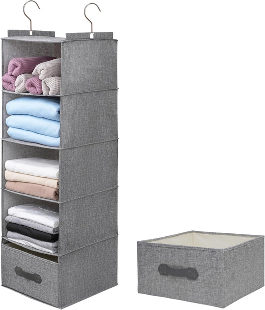 Large Hanging Sweater Organizer for Closet,Collapsible 6-Shelf Hanging Closet Shelves with Drawers, Washable (Grey-5 Shelf-1 d)