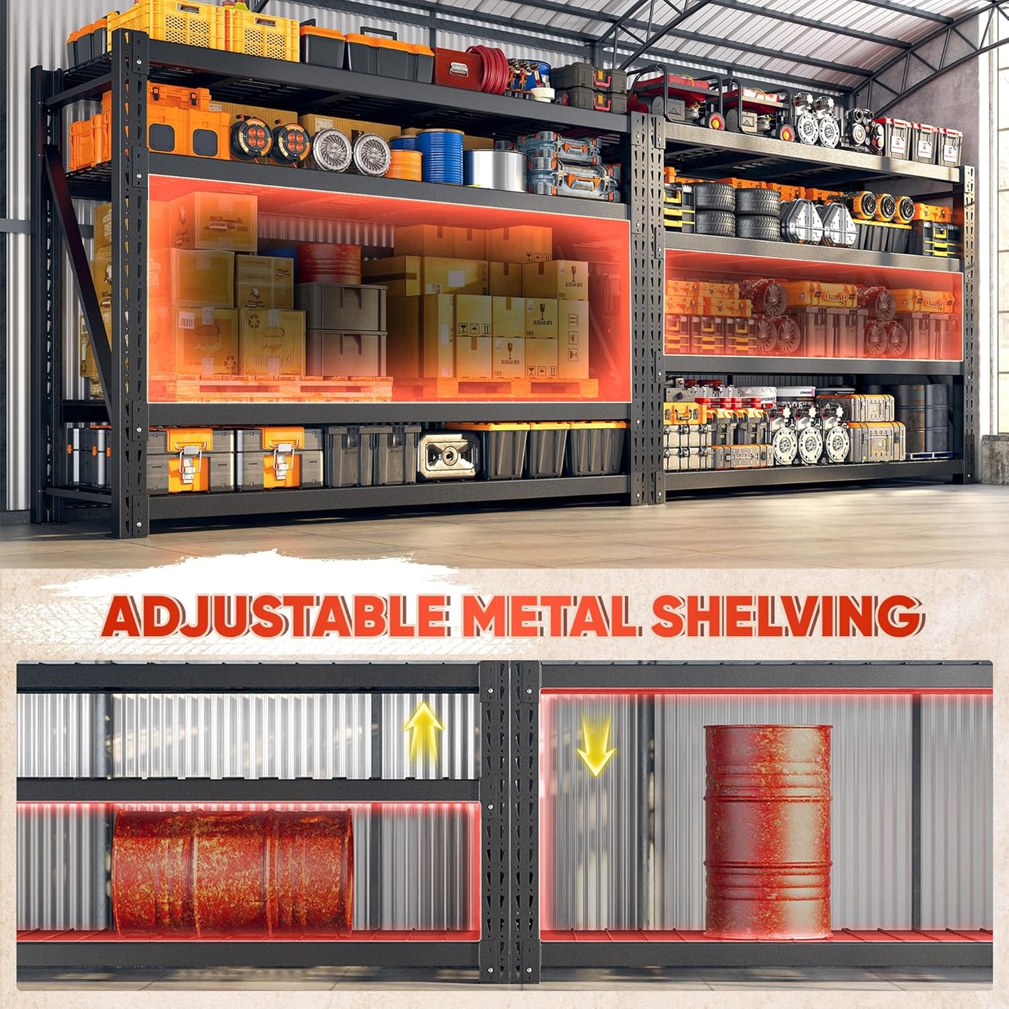 Bepatio 9400LBS Storage Shelves Heavy Duty Garage Shelving 67.6''W 4 Tier Adjustable Metal Shelving Unit, Steel Industrial Shelf for Warehouse Basement Commercial, 67.6''Wx23.7''Dx72''H, Black