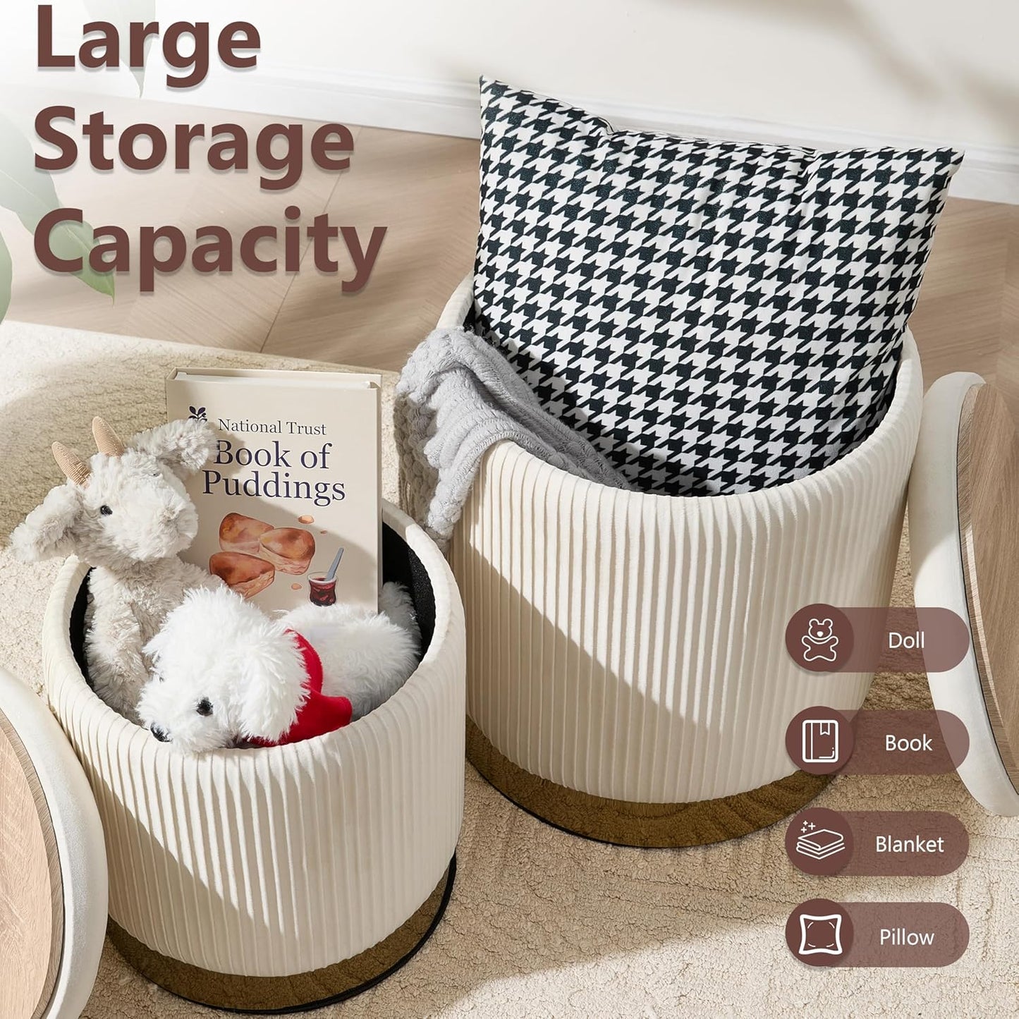 Royal Windsor Round Ottoman with Storage Set of 2, Vanity Stool with Storage for Bedroom, Ottoman Coffee Table Gold-Tone Ring Around The Base, Small Velvet Foot Stool for Living Room, Beige