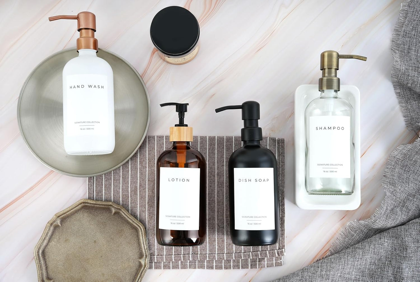 Emerson Soap Dispenser, Dish Soap Dispenser for Kitchen, Soap Dispenser Bathroom Set, Hand Soap Dispenser - Kitchen Soap Dispenser Set, Glass Soap Dispenser with Pump and Labels, 16 Oz, 2 Pack