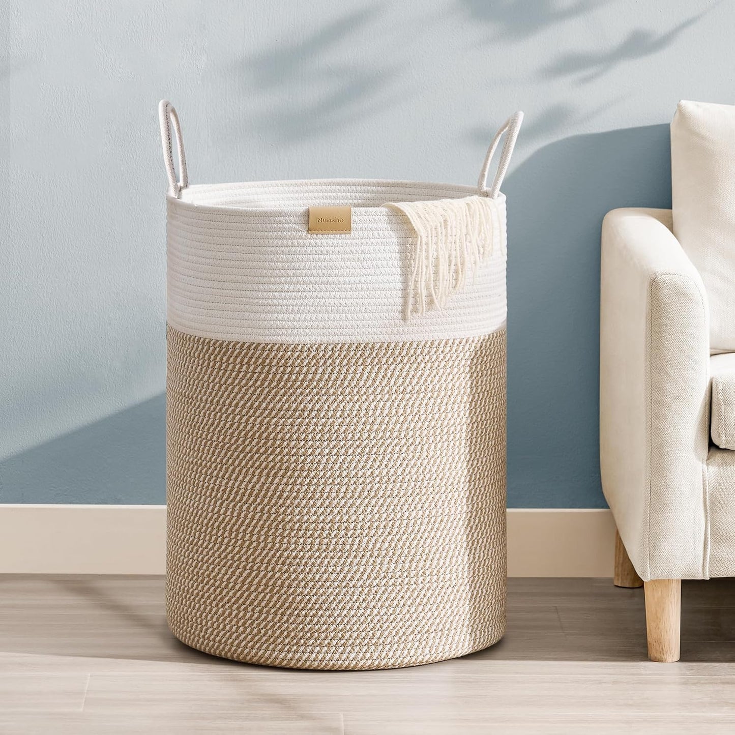 Laundry Hamper 95L,Large Laundry Basket for Clothes,Decorative Storage Basket for Blankets,Cotton Rope Woven basket for bedroom,Brown White