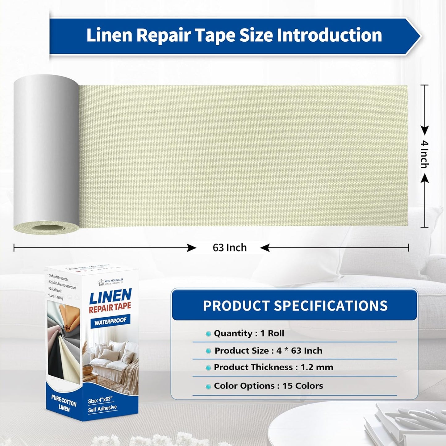 KING MOUNTAIN Linen Repair Patches, Self-Adhesive Fabric Patches, 4 X 63 inch Extra Size, Multi Color, Can be Used for Sofa Repair and Linen Clothes Repair (Beige2.0)