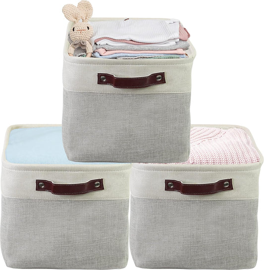 SIMPLE HOUSEWARE Large Fabric Storage Bin, 15" x 11" with Leather Like Handles, 3 Pack, Gray