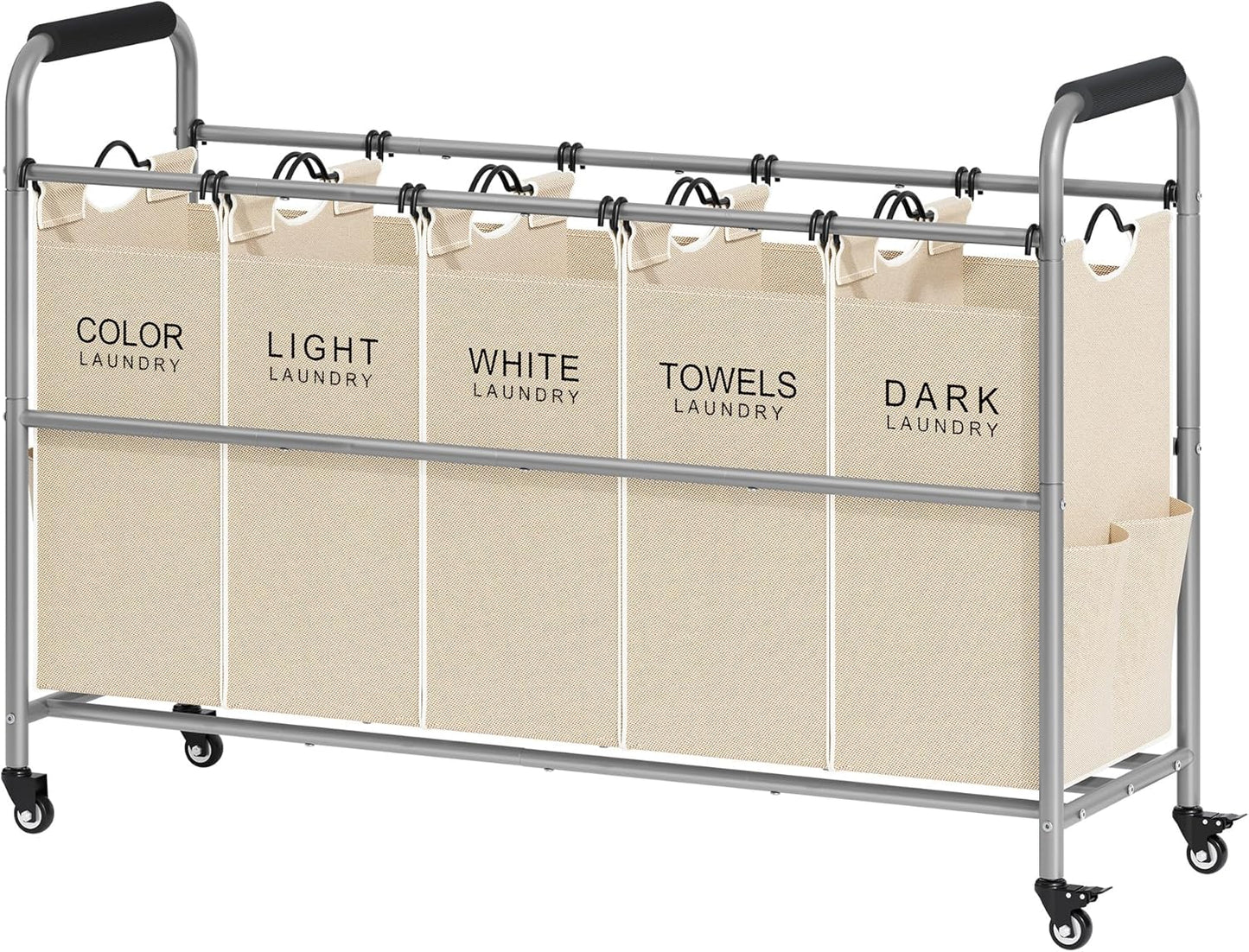 Tajsoon Laundry Sorter 5 Sections, Laundry Hamper with Heavy Duty Lockable Wheels and Removable Bags, 5 Bag Rolling Laundry Sorter Cart for Dirty Clothes Storage, Laundry Separator Hamper, Beige