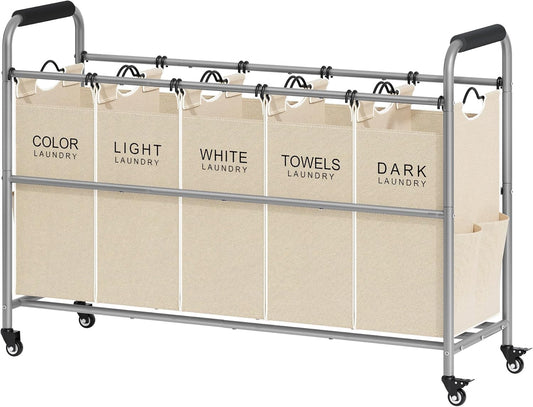 Tajsoon Laundry Sorter 5 Sections, Laundry Hamper with Heavy Duty Lockable Wheels and Removable Bags, 5 Bag Rolling Laundry Sorter Cart for Dirty Clothes Storage, Laundry Separator Hamper, Beige