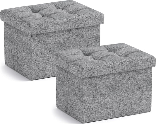 Ornavo Home Small Storage Ottoman, Set of 2, Foldable Collapsible Rectangle Linen Ottoman Foot Rest Stool Seat, for Living Room, Bedroom, Home Office, Dorm - 12 x 16 x 12, Gray