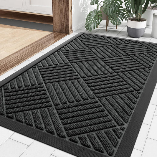 Smiry Front Door Mat Outside Entrance, Heavy Duty Outdoor Indoor Natural Rubber Doormat, Non Slip, Trap Dirt and Moisture, Easy Clean, Low Profile Patio Porch Entryway Mat, 29.5x17, Black