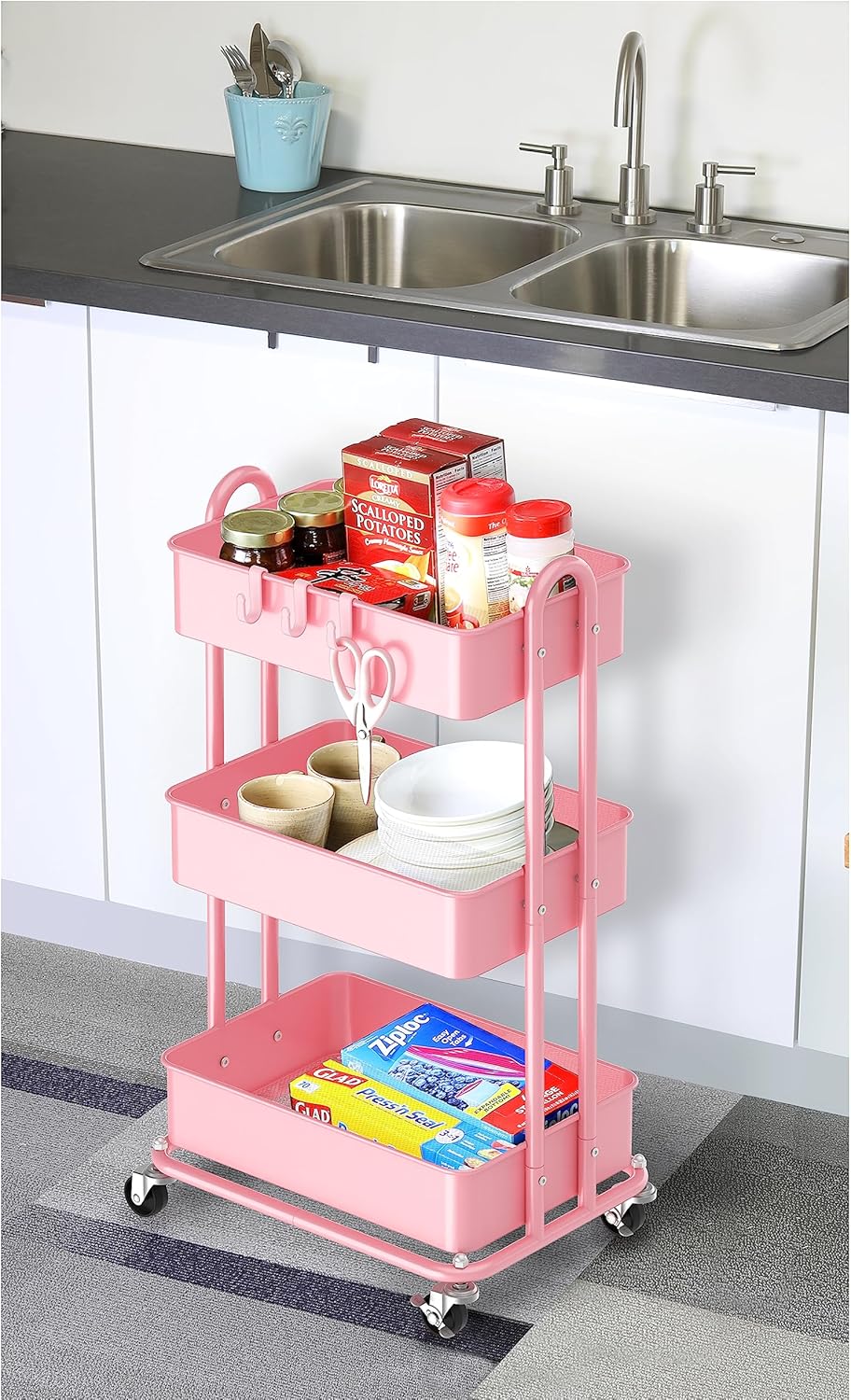 Simple Houseware 3-Tier Heavy Duty Metal Utility Rolling Cart, Pink