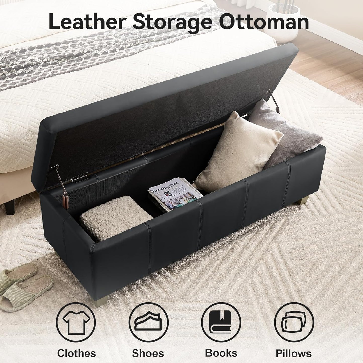 51" Faux Leather Storage Ottoman, Stitch Tufted Rectangle Upholstered End of Bed Storage Bench, Entryway Large Couch Ottoman with Wooden Legs, Dark Black