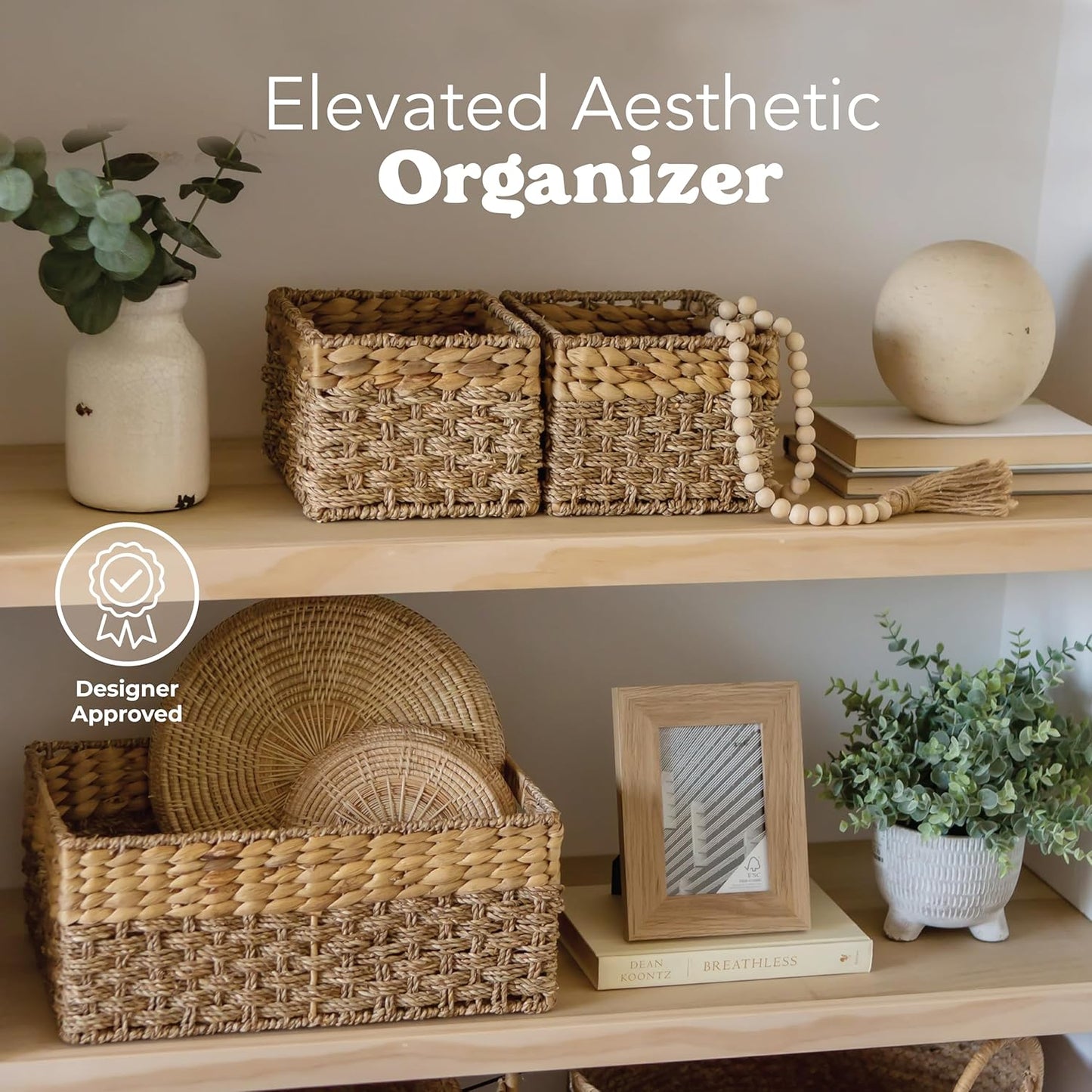 Small Wicker Baskets for Storage 2-Pack, Natural, Woven Baskets for Organizing Living Room, Pantry Baskets, Shelves - Small Size - 8x7x5.5 inches