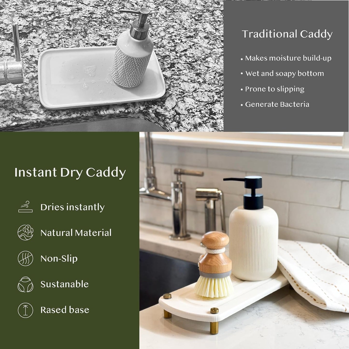 2PCS Water Absorbing Stone Soap Tray for Kitchen Bathroom Sink, Quick Dry Diatomaceous Earth Drying Rack and Shower Caddy, Soap Dispenser and Sponge Holder Organizer for Countertop, TWINKLE MOMENT; Pure White