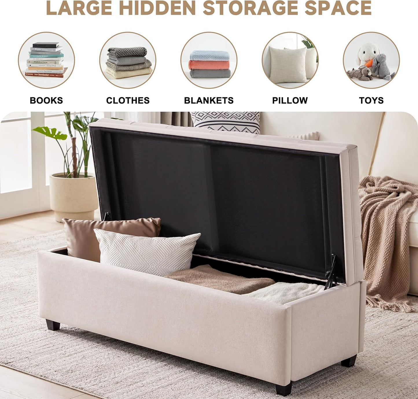 50" Storage Ottoman Bench, Tufted Ottoman with Storage for Living Room, Large End of Bed Ottomans, Modern Entryway Benchs, Window & Bedroom Benches for Foot of Bed (Beige)