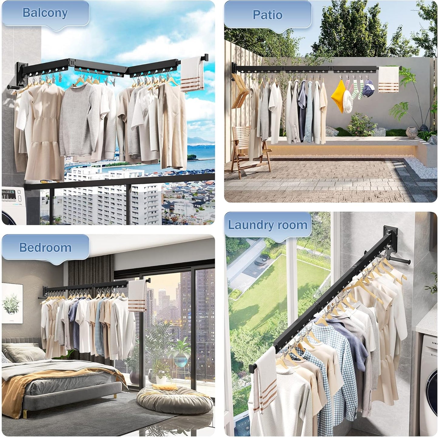 Wall Mounted Clothes Drying Rack - Retractable, Collapsible, Folding with Clips - Perfect for Laundry Room Organization