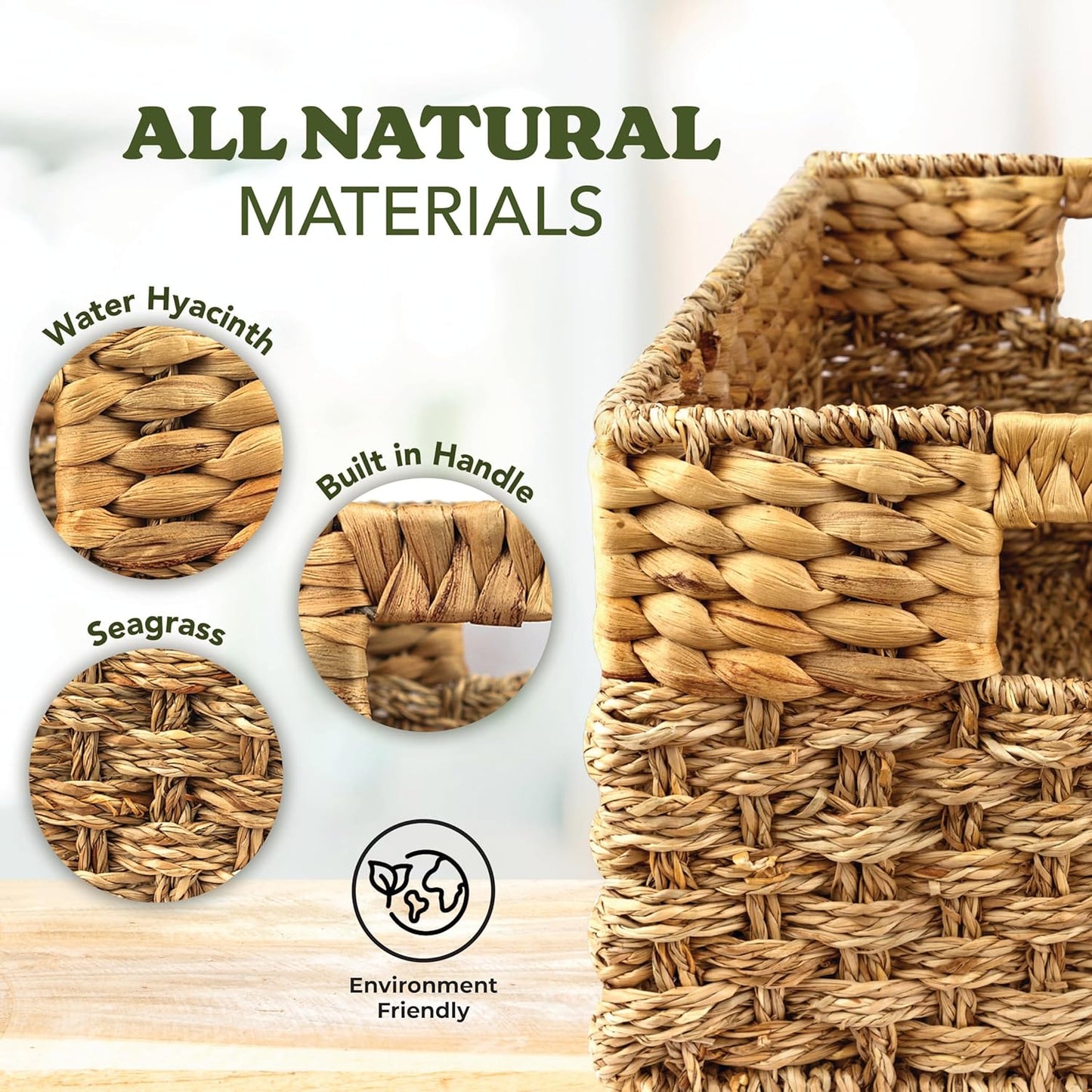 Medium Wicker Basket for Storage, Natural, Seagrass and Hyacinth Woven Baskets for Décor with Built-In Handles, Rectangular, Shelf Organizing for Bedroom, Pantry - Medium Size - 15.5x9.5x6.5 in