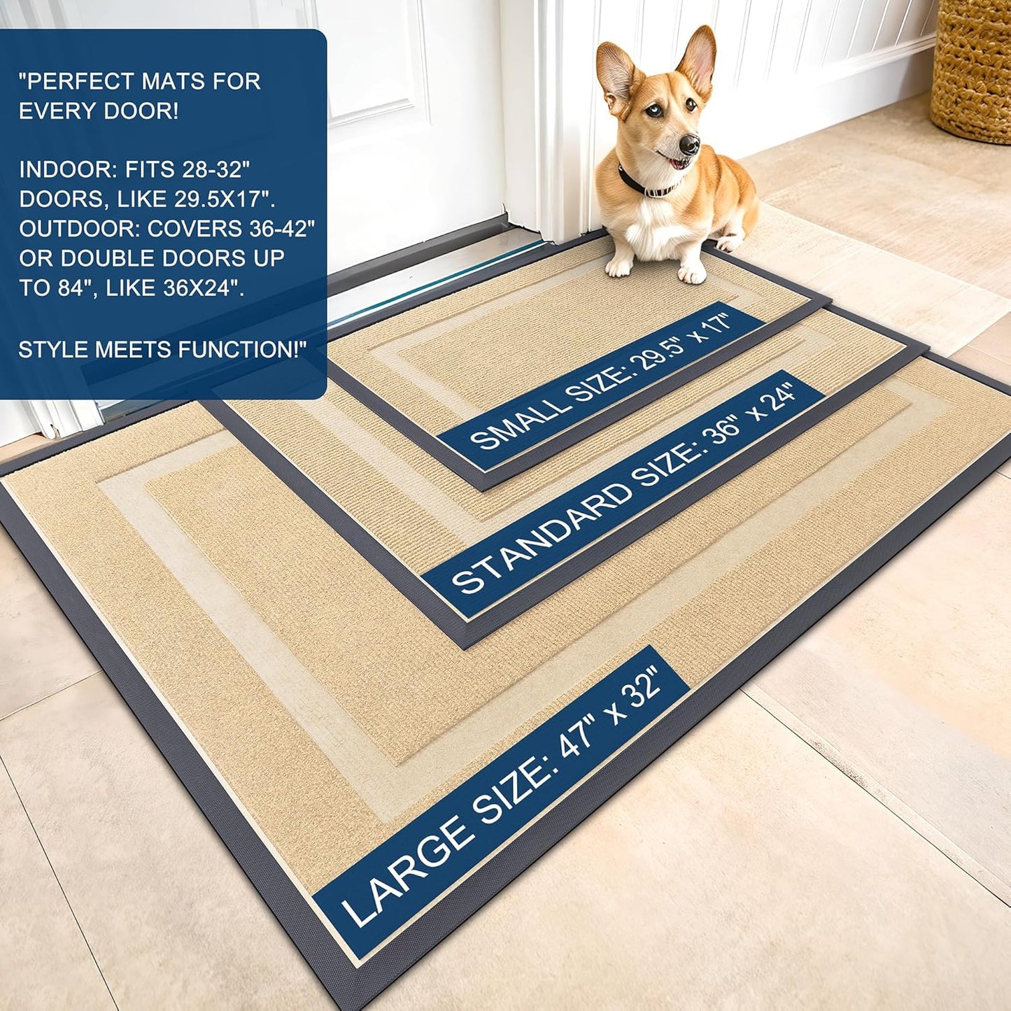 OLANLY Front Door Mat Indoor Outdoor Entrance, Waterproof All-Season, All-Weather Doormat, Sturdy Natural Rubber, Fade Resistant, Low Profile, Easy Clean Patio Porch Entryway Mat, 47x24, Beige