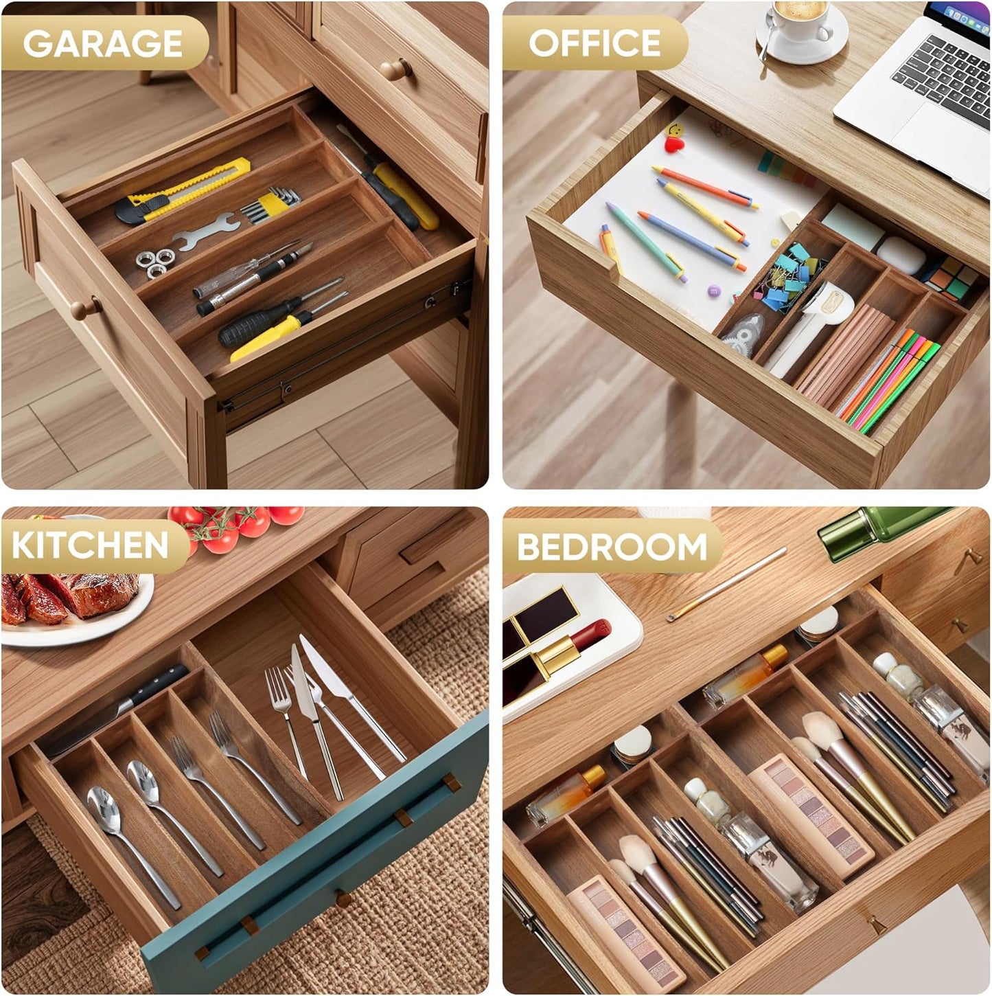 Silverware Organizer, 10 Inch Utensil Organizer Kitchen Drawer Organizer Acacia Silverware Holder Cutlery Tray Organizer in Drawer Flatware Organizer Tray(5 slots, Acacia）