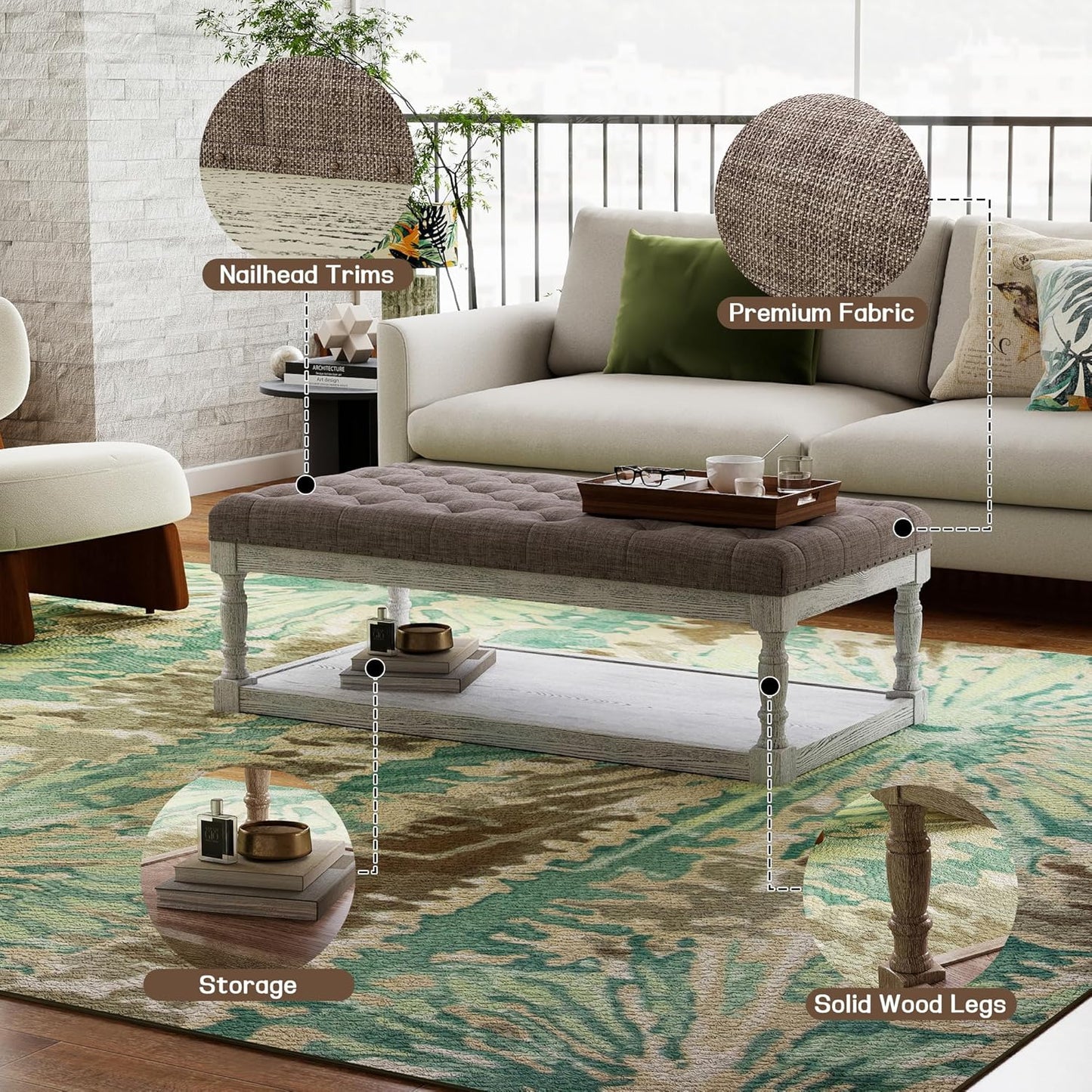 48" Large Ottoman with Storage Coffee Table, Upholstered Tufted Linen Ottoman Bench with Solid Wood Shelf for Living Room, Bedroom, Holds 250lbs (Light Gray)