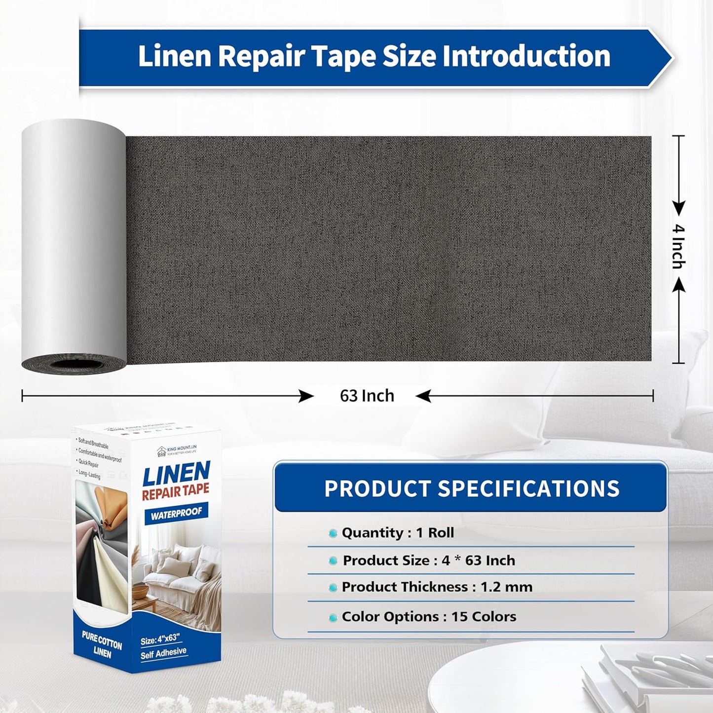 KING MOUNTAIN Linen Repair Patches, Self-Adhesive Fabric Patches, 4 X 63 inch Extra Size, Multi Color, Can be Used for Sofa Repair and Linen Clothes Repair (Dark Grey)