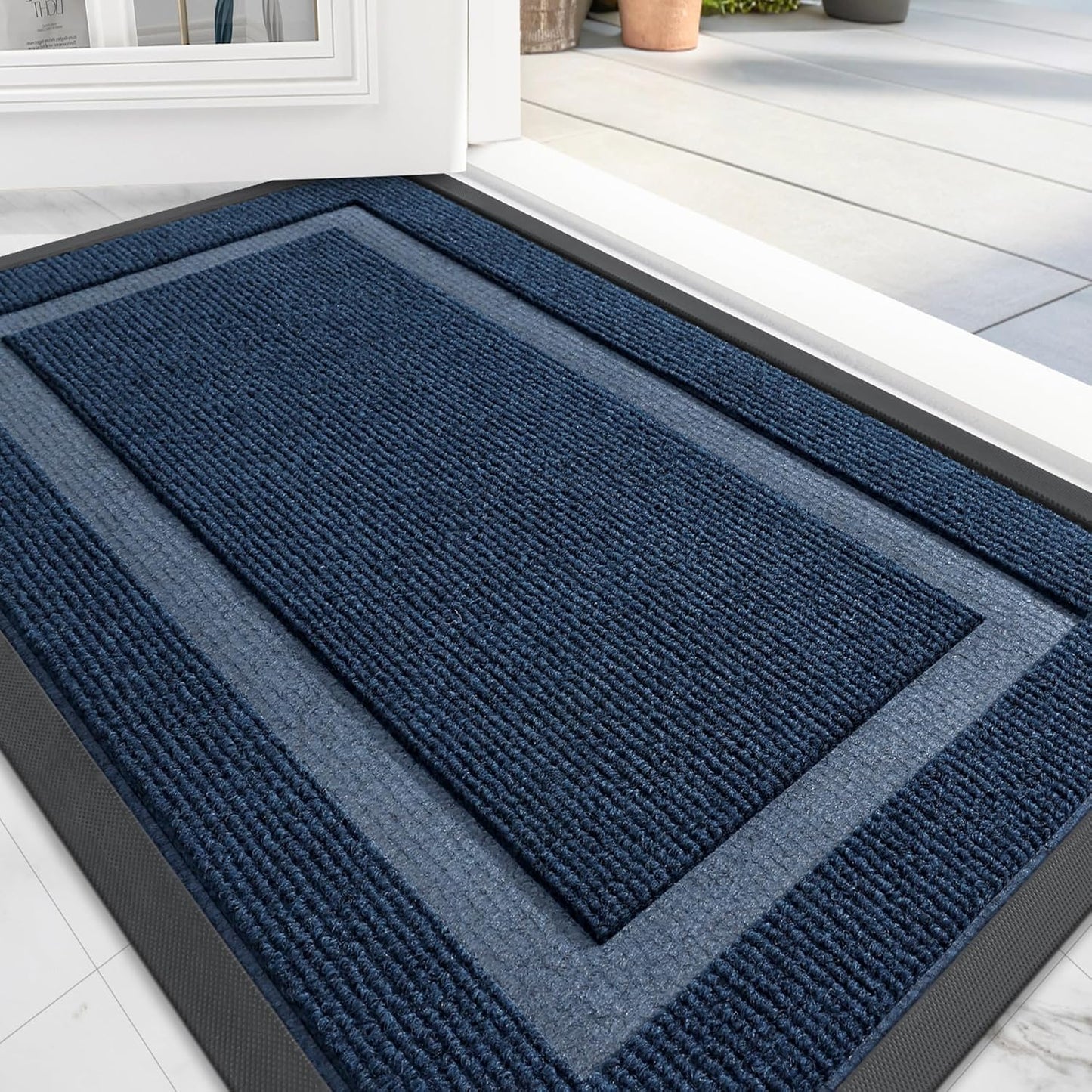 OLANLY Front Door Mat Indoor Outdoor Entrance, Waterproof All-Season, All-Weather Doormat, Sturdy Natural Rubber, Fade Resistant, Low Profile, Easy Clean Patio Porch Entryway Mat, 47x24, Blue