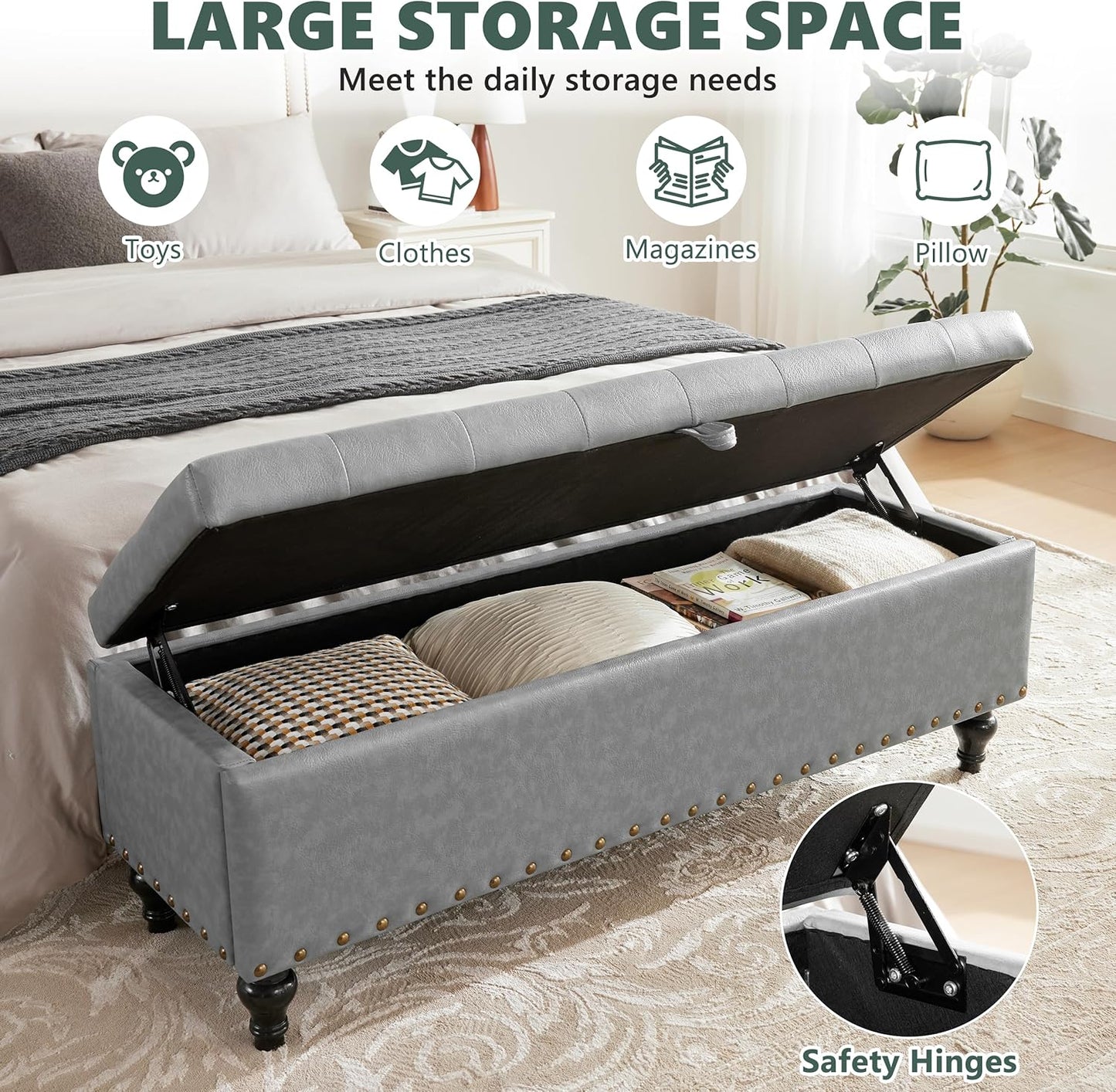 51.8’’ Storage Ottoman Bench, Faux Leather Ottoman with Storages, Window Benches Holds up to 330lbs, Upholstered Storage Bench for Bedroom, Living Room, Entryway and Family Room, Light Gray