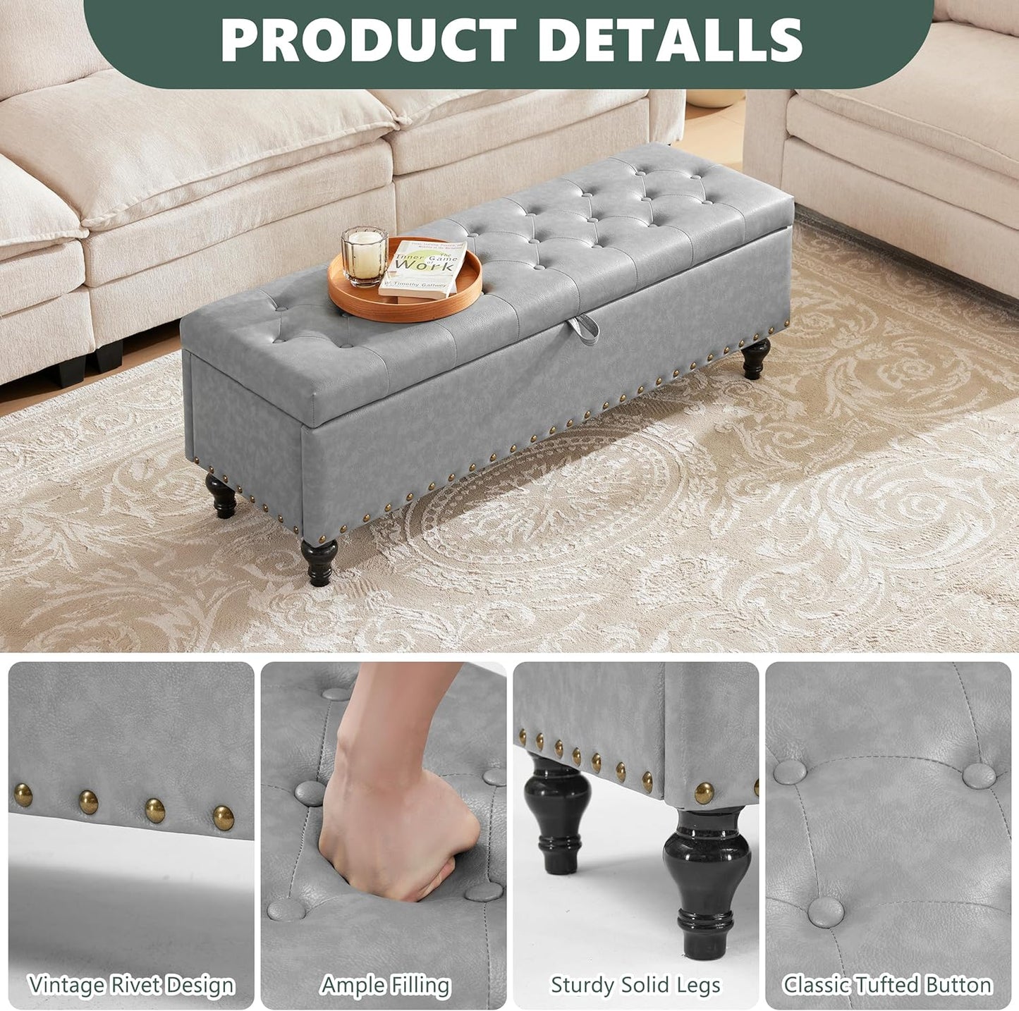 51.8’’ Storage Ottoman Bench, Faux Leather Ottoman with Storages, Window Benches Holds up to 330lbs, Upholstered Storage Bench for Bedroom, Living Room, Entryway and Family Room, Light Gray