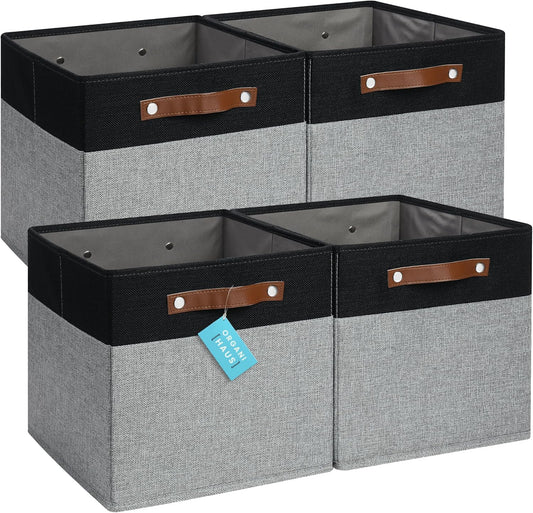 OrganiHaus 12x12 Fabric Storage Bins - Set of 4, Cube Fabric Organizer Bins with Vegan Handles, Kallax Storage Cubes, Cubbies Organizer Boxes, 12Inch Cubic Baskets for Shelves - Grey/Black