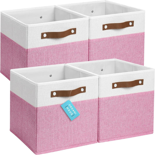 OrganiHaus 11x11 Fabric Cubes Storage Bins Set of 4, Foldable Collapsible Fabric Storage Bins for Organizer, Cubbies Organizer for Kallax, Linen Cube Shelf Baskets, Toy Organizing boxes - Pink/White
