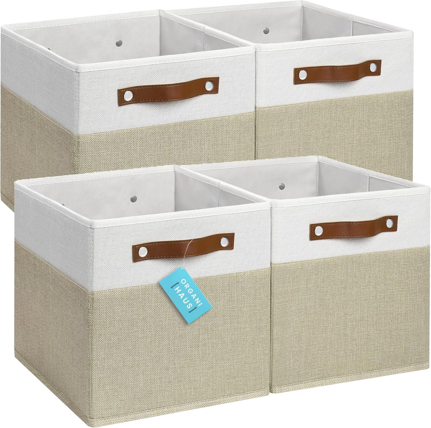 OrganiHaus 11x11 Fabric Cubes Storage Bins Set of 4, Foldable Collapsible Fabric Storage Bins for Organizer, Cubbies Organizer for Kallax, Linen Cube Shelf Baskets, Toy Organizing boxes - Beige/White