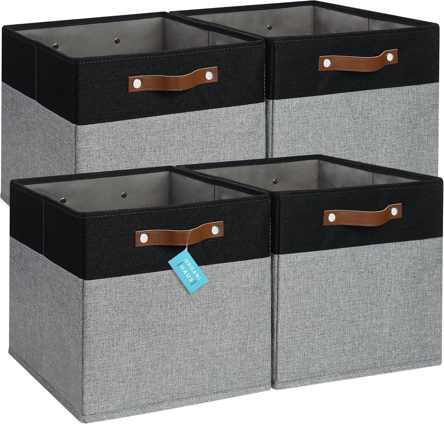 OrganiHaus 13x13 Cube Fabric Storage Bins Set of 4, Fabric Storage Cubes w/ Vegan Handles, 13 inch Collapsible Bins for Clothes & Toy Organizer, Cubbies Organizer, 13x13 Basket for Decor - Grey/Black