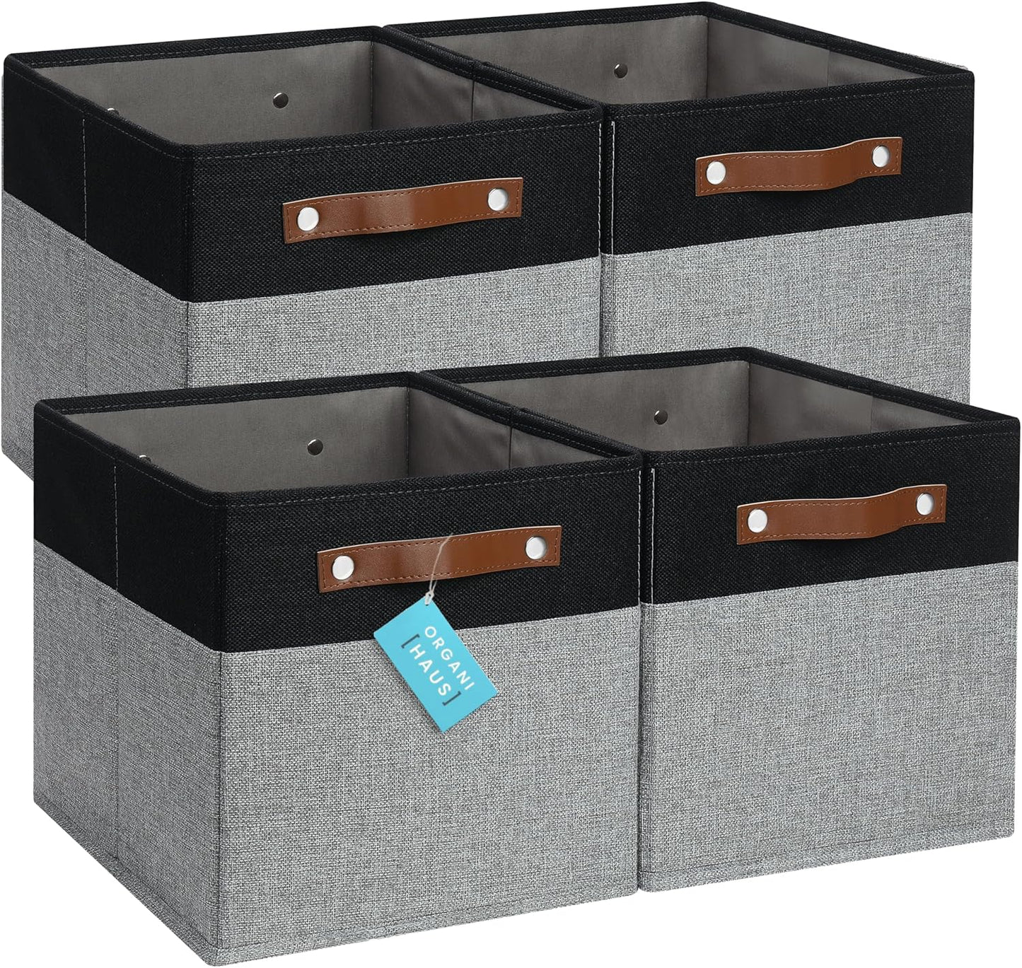 OrganiHaus 11x11 Cube Storage Bins - Set of 4, Fabric Cubby Bins with Vegan Handles, Square Storage Cubes in Gray/Black