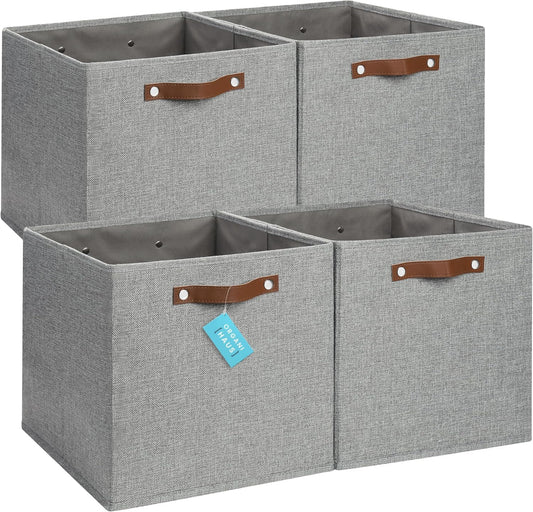 OrganiHaus 13x13 Cube Fabric Storage Bins Set of 4, Fabric Storage Cubes w/ Vegan Handles, 13 inch Collapsible Bins for Clothes & Toy Organizer, Cubbies Organizer, 13x13 Basket for Decor - Grey
